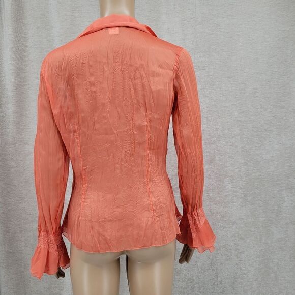 MK Solo Coquettegirl Coral Color Poet Blouse Y2K Taffeta Satin Lace Ruffled - Picture 6 of 12